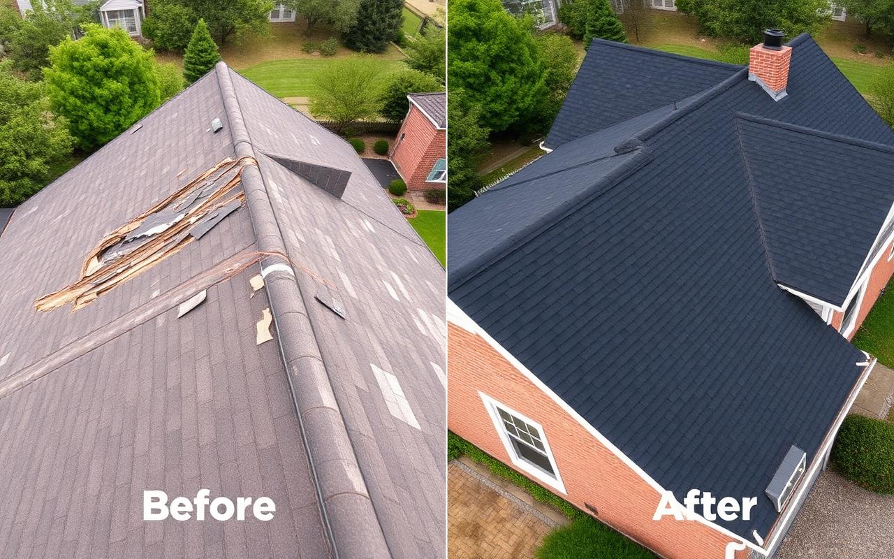 Before and after asphalt roof replacement in Rochester