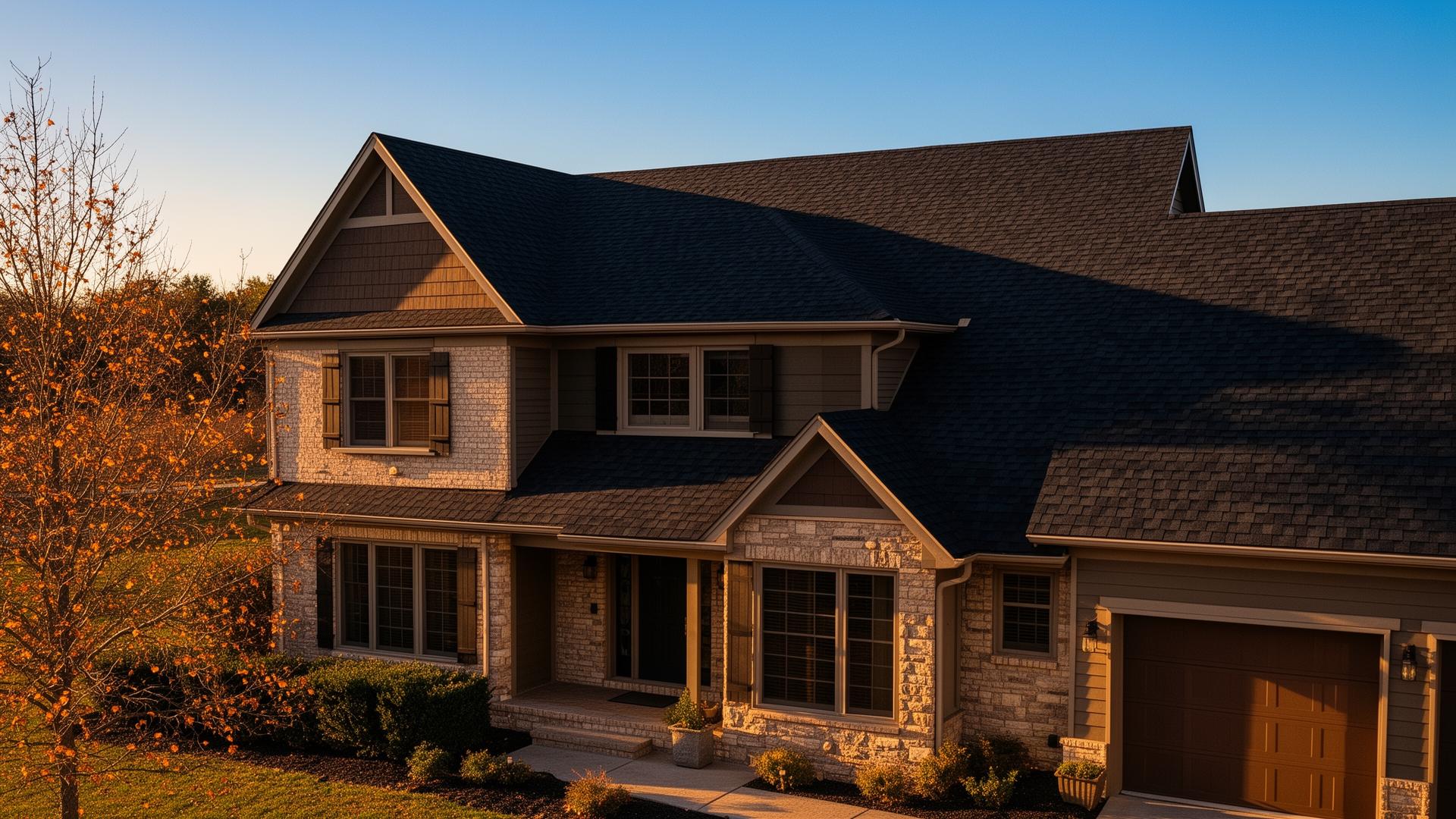 Newly installed dark charcoal asphalt shingle roof on a Rochester NY home